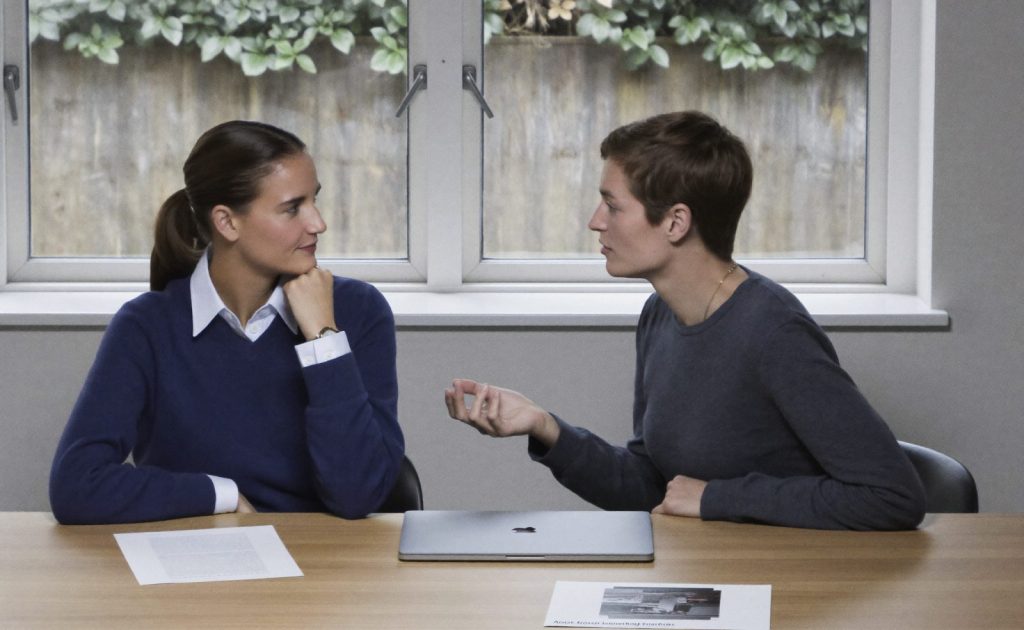 Two colleagues at a meeting table working through a requirement together